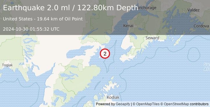 Earthquake 64 km WNW of Nanwalek, Alaska (2.0 ml) (2024-10-30 01:55:32 UTC)