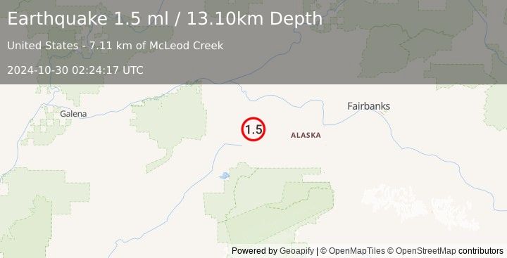 Earthquake 61 km SSW of Manley Hot Springs, Alaska (1.5 ml) (2024-10-30 02:24:17 UTC)