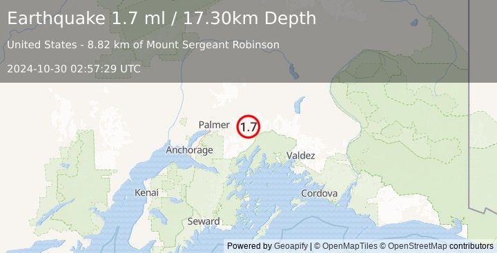 Earthquake 32 km SW of Glacier View, Alaska (1.7 ml) (2024-10-30 02:57:29 UTC)