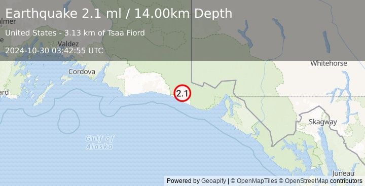 Earthquake 110 km WNW of Yakutat, Alaska (2.1 ml) (2024-10-30 03:42:55 UTC)