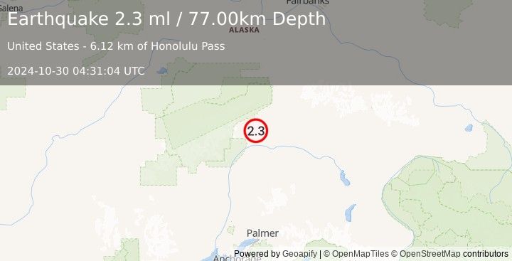 Earthquake 40 km SSW of Cantwell, Alaska (2.3 ml) (2024-10-30 04:31:04 UTC)