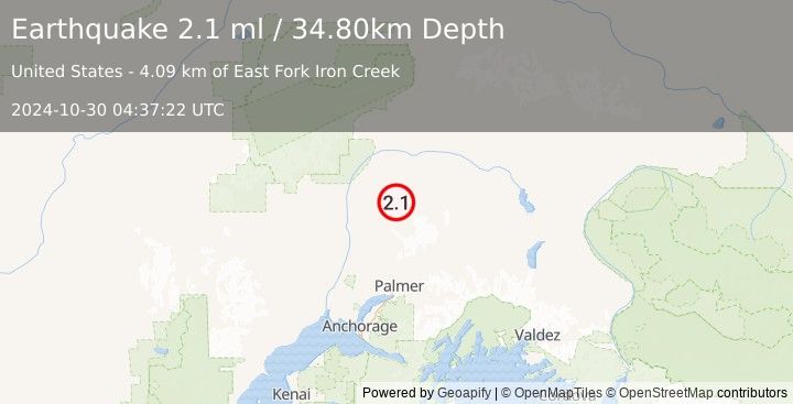 Earthquake 43 km NE of Susitna North, Alaska (2.1 ml) (2024-10-30 04:37:22 UTC)