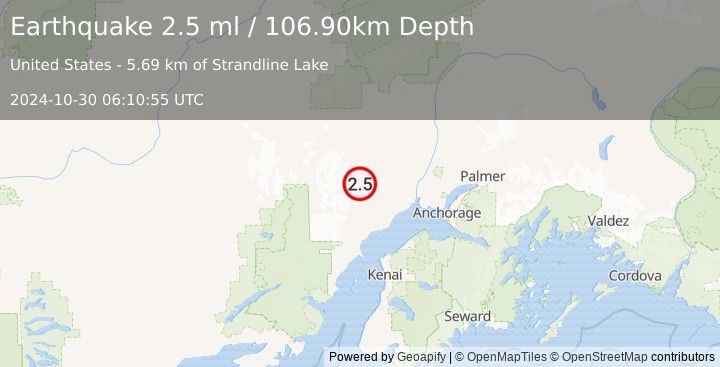 Earthquake 56 km SSW of Skwentna, Alaska (2.5 ml) (2024-10-30 06:10:55 UTC)