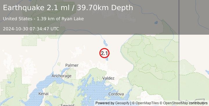 Earthquake 8 km NE of Nelchina, Alaska (2.1 ml) (2024-10-30 07:34:47 UTC)