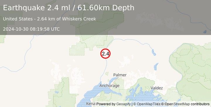 Earthquake 4 km NNE of Trapper Creek, Alaska (2.4 ml) (2024-10-30 08:19:58 UTC)