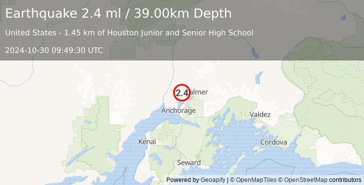 Earthquake 6 km SE of Houston, Alaska (2.4 ml) (2024-10-30 09:49:30 UTC)