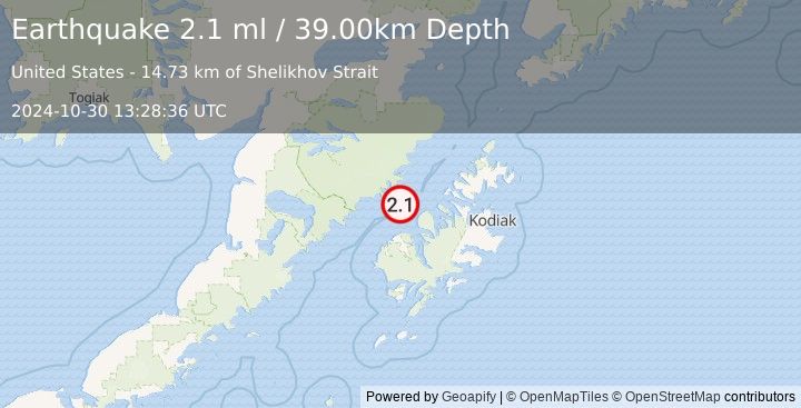 Earthquake 45 km NNE of Karluk, Alaska (2.1 ml) (2024-10-30 13:28:36 UTC)