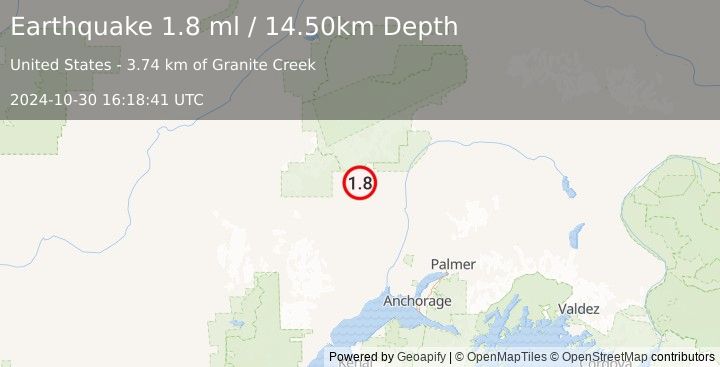 Earthquake 21 km WSW of Petersville, Alaska (1.8 ml) (2024-10-30 16:18:41 UTC)