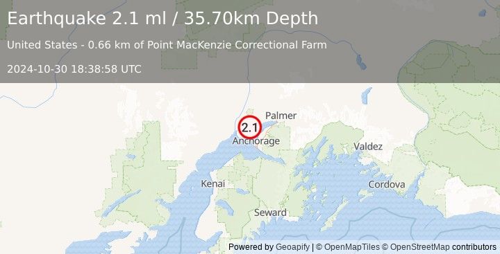 Earthquake 9 km NW of Point MacKenzie, Alaska (2.1 ml) (2024-10-30 18:38:58 UTC)