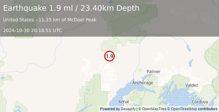 Earthquake 48 km WNW of Skwentna, Alaska (1.9 ml) (2024-10-30 20:18:51 UTC)