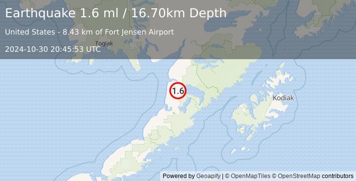 Earthquake 33 km SSE of Egegik, Alaska (1.6 ml) (2024-10-30 20:45:53 UTC)