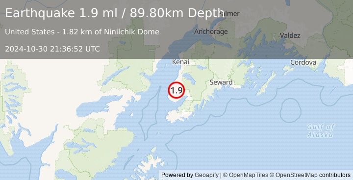 Earthquake 15 km NE of Nikolaevsk, Alaska (1.9 ml) (2024-10-30 21:36:52 UTC)