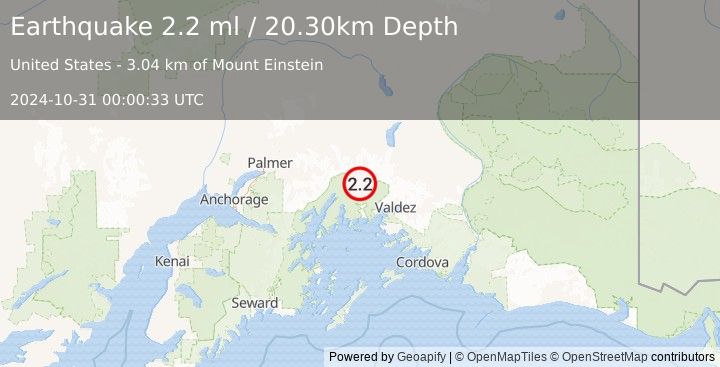 Earthquake 50 km WNW of Valdez, Alaska (2.2 ml) (2024-10-31 00:00:33 UTC)