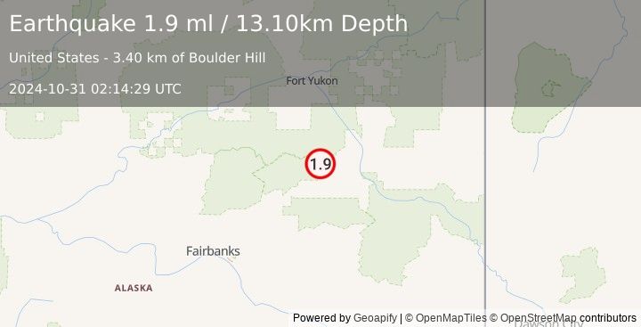Earthquake 21 km NNW of Central, Alaska (1.9 ml) (2024-10-31 02:14:29 UTC)