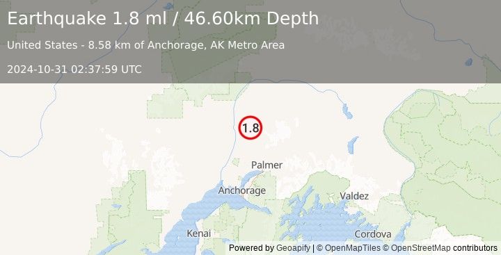 Earthquake 11 km E of Susitna North, Alaska (1.8 ml) (2024-10-31 02:37:59 UTC)