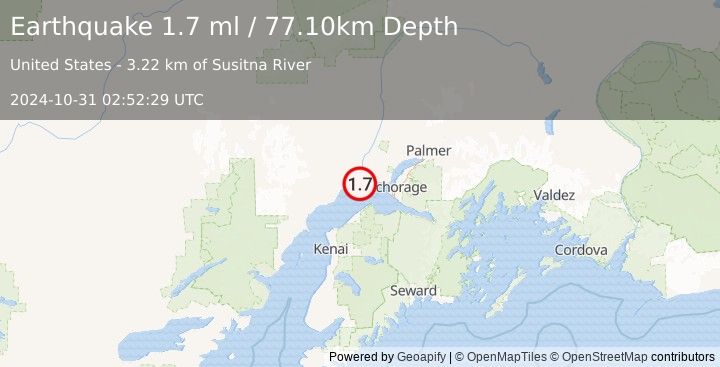 Earthquake 27 km ENE of Beluga, Alaska (1.7 ml) (2024-10-31 02:52:29 UTC)