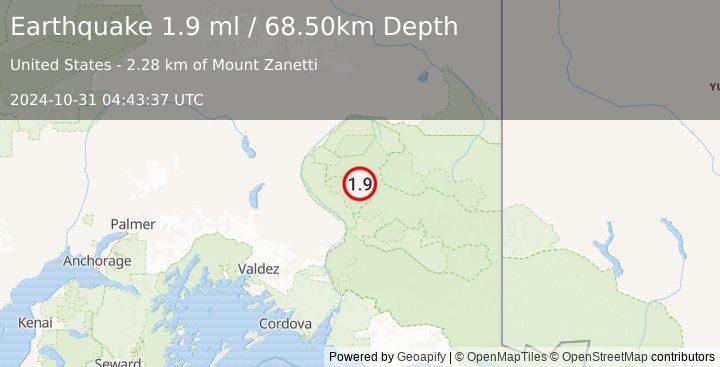 Earthquake 54 km NE of Kenny Lake, Alaska (1.9 ml) (2024-10-31 04:43:37 UTC)