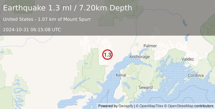 Earthquake 64 km WNW of Tyonek, Alaska (1.3 ml) (2024-10-31 06:15:08 UTC)