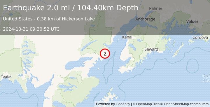 Earthquake 64 km WNW of Anchor Point, Alaska (2.0 ml) (2024-10-31 09:30:52 UTC)