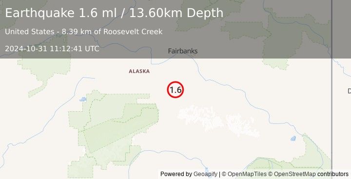 Earthquake 51 km ENE of Healy, Alaska (1.6 ml) (2024-10-31 11:12:41 UTC)