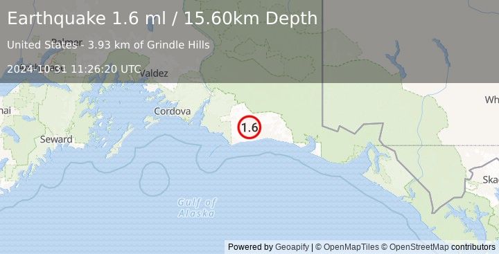 Earthquake 129 km S of McCarthy, Alaska (1.6 ml) (2024-10-31 11:26:20 UTC)