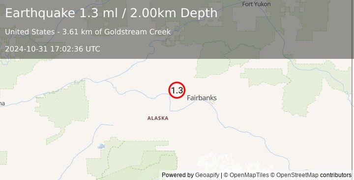 Earthquake 31 km SE of Minto, Alaska (1.3 ml) (2024-10-31 17:02:36 UTC)