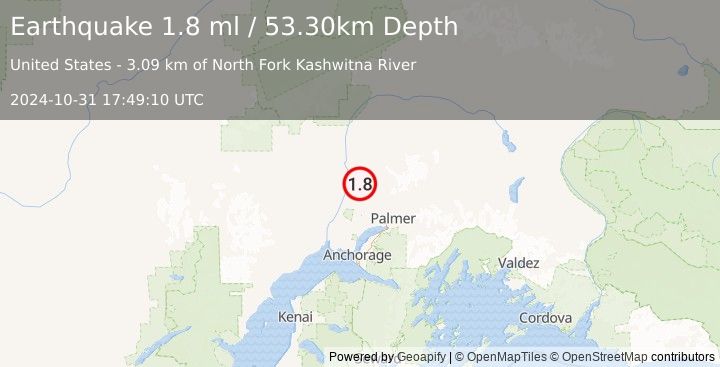 Earthquake 22 km S of Susitna North, Alaska (1.8 ml) (2024-10-31 17:49:10 UTC)