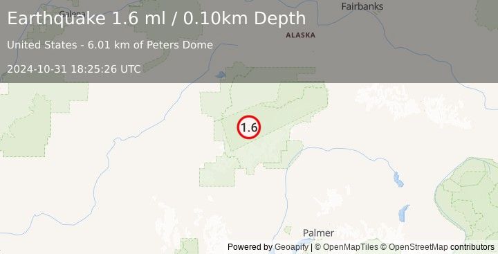 Earthquake 47 km SSE of Denali National Park, Alaska (1.6 ml) (2024-10-31 18:25:26 UTC)