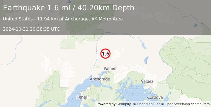 Earthquake 20 km ESE of Susitna North, Alaska (1.6 ml) (2024-10-31 20:38:35 UTC)