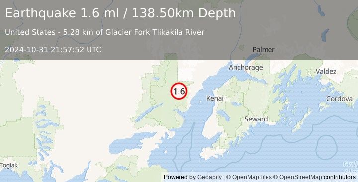 Earthquake 84 km W of Salamatof, Alaska (1.6 ml) (2024-10-31 21:57:52 UTC)