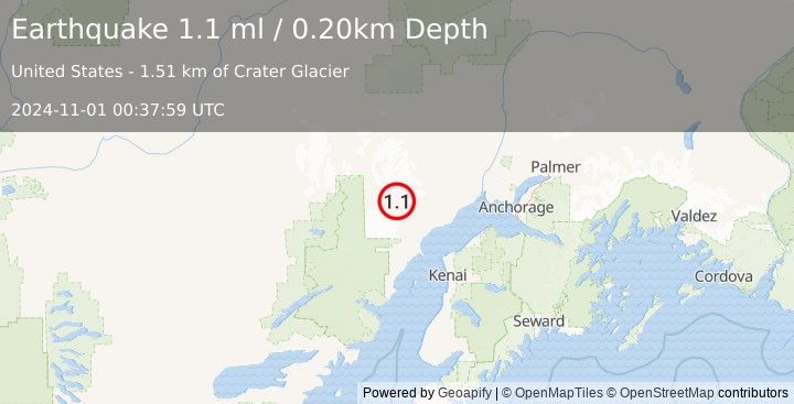 Earthquake 64 km WNW of Tyonek, Alaska (1.1 ml) (2024-11-01 00:37:59 UTC)