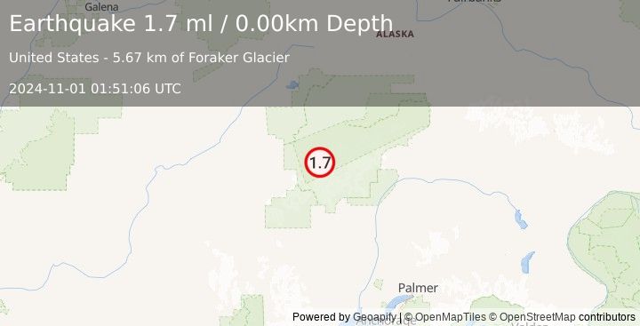 Earthquake 57 km S of Denali National Park, Alaska (1.7 ml) (2024-11-01 01:51:06 UTC)