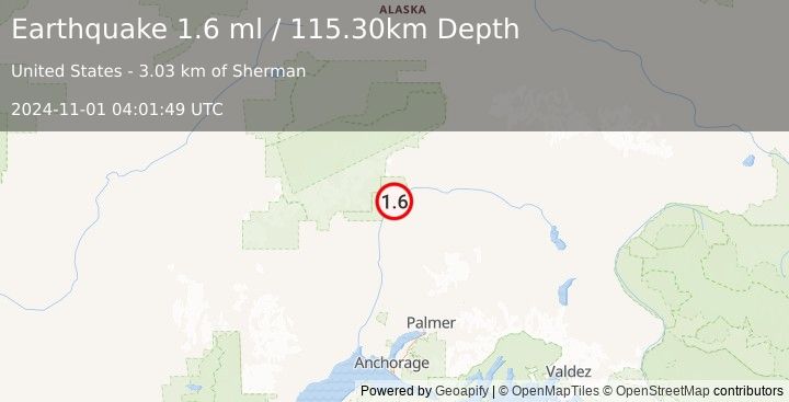 Earthquake 34 km NNE of Chase, Alaska (1.6 ml) (2024-11-01 04:01:49 UTC)