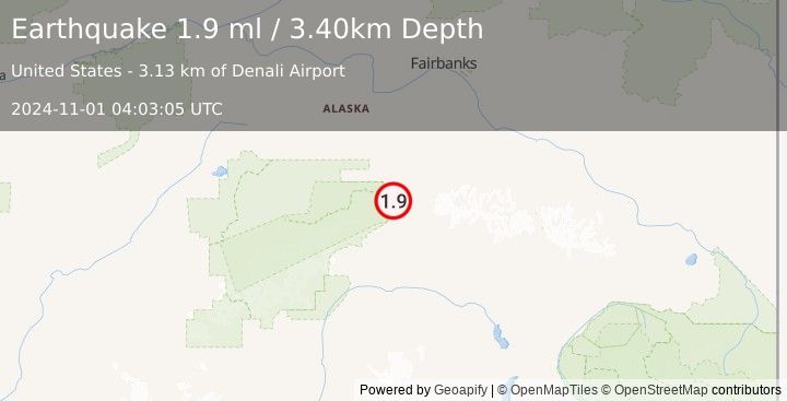 Earthquake 14 km SE of Denali Park, Alaska (1.9 ml) (2024-11-01 04:03:05 UTC)