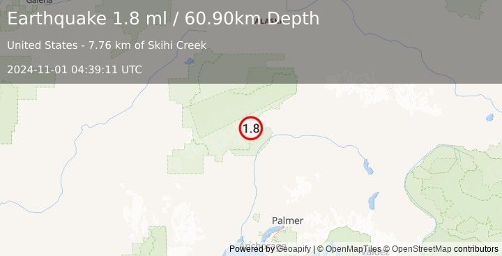 Earthquake 56 km N of Chase, Alaska (1.8 ml) (2024-11-01 04:39:11 UTC)