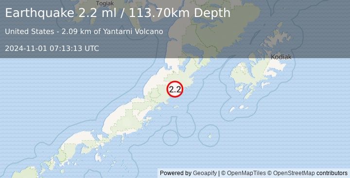 Earthquake 57 km SSE of Ugashik, Alaska (2.2 ml) (2024-11-01 07:13:13 UTC)