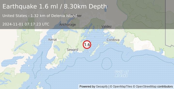 Earthquake 29 km NNW of Chenega, Alaska (1.6 ml) (2024-11-01 07:17:23 UTC)