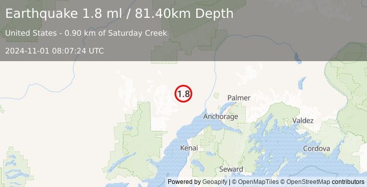 Earthquake 34 km S of Skwentna, Alaska (1.8 ml) (2024-11-01 08:07:24 UTC)