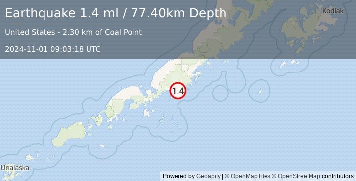 Earthquake 11 km SW of Perryville, Alaska (1.4 ml) (2024-11-01 09:03:18 UTC)