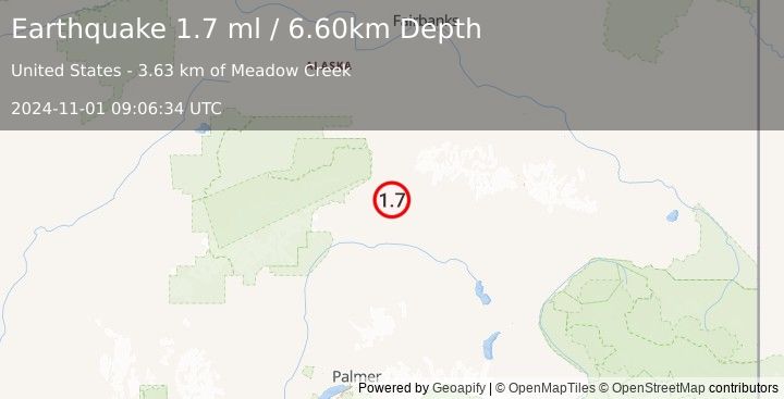 Earthquake 31 km ESE of Cantwell, Alaska (1.7 ml) (2024-11-01 09:06:34 UTC)