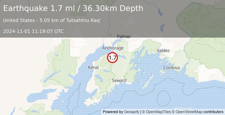 Earthquake 15 km WSW of Hope, Alaska (1.7 ml) (2024-11-01 11:19:07 UTC)