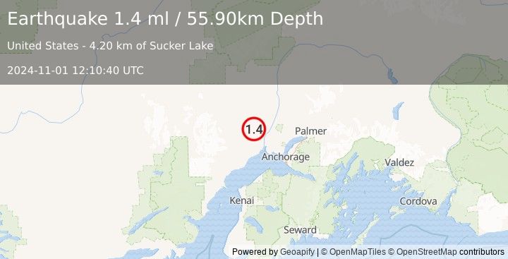 Earthquake 21 km WNW of Susitna, Alaska (1.4 ml) (2024-11-01 12:10:40 UTC)