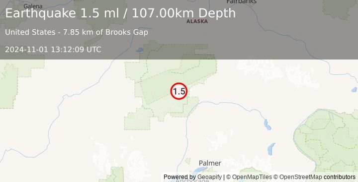 Earthquake 66 km NNE of Petersville, Alaska (1.5 ml) (2024-11-01 13:12:09 UTC)