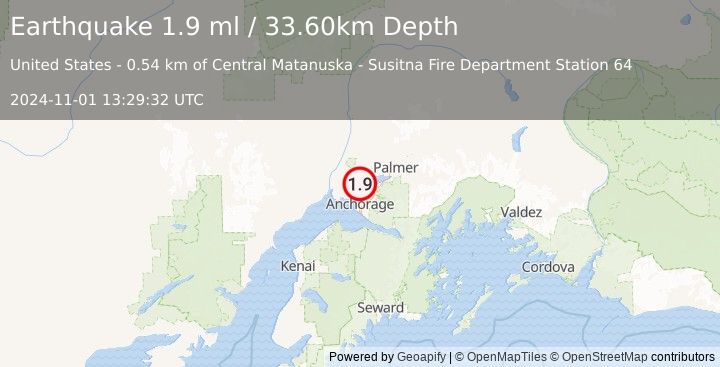 Earthquake 8 km NNE of Point MacKenzie, Alaska (1.9 ml) (2024-11-01 13:29:32 UTC)