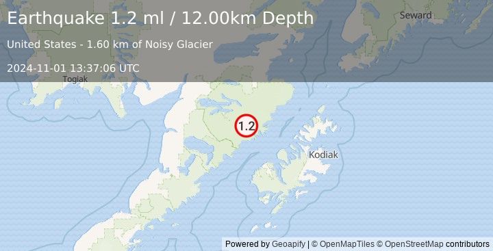 Earthquake 83 km NNW of Karluk, Alaska (1.2 ml) (2024-11-01 13:37:06 UTC)