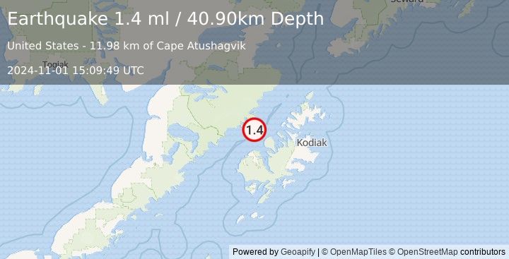 Earthquake 50 km NNE of Karluk, Alaska (1.4 ml) (2024-11-01 15:09:49 UTC)