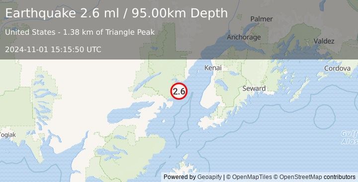 Earthquake 58 km W of Happy Valley, Alaska (2.6 ml) (2024-11-01 15:15:50 UTC)