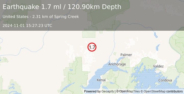 Earthquake 35 km WSW of Skwentna, Alaska (1.7 ml) (2024-11-01 15:27:23 UTC)