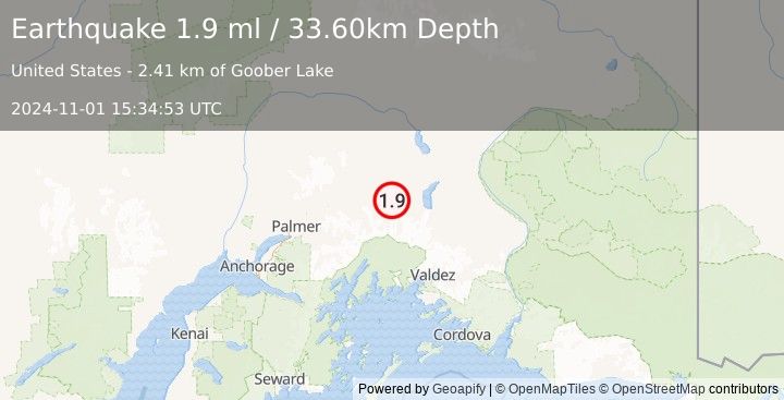 Earthquake 10 km S of Eureka Roadhouse, Alaska (1.9 ml) (2024-11-01 15:34:53 UTC)