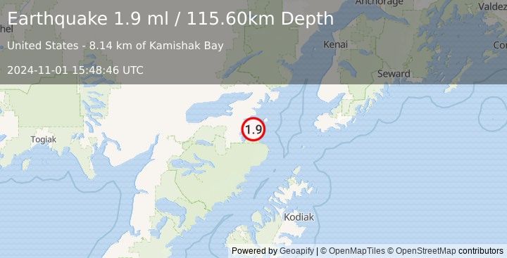 Earthquake 53 km SE of Pope-Vannoy Landing, Alaska (1.9 ml) (2024-11-01 15:48:46 UTC)